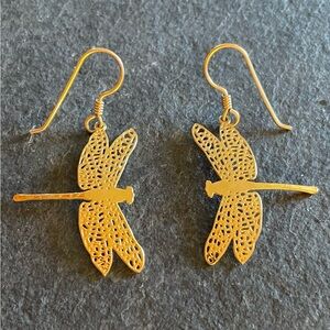 Vintage Wild Bryde Gold Filigree Dragonfly Dangle Drop Hook Earrings 30mm
